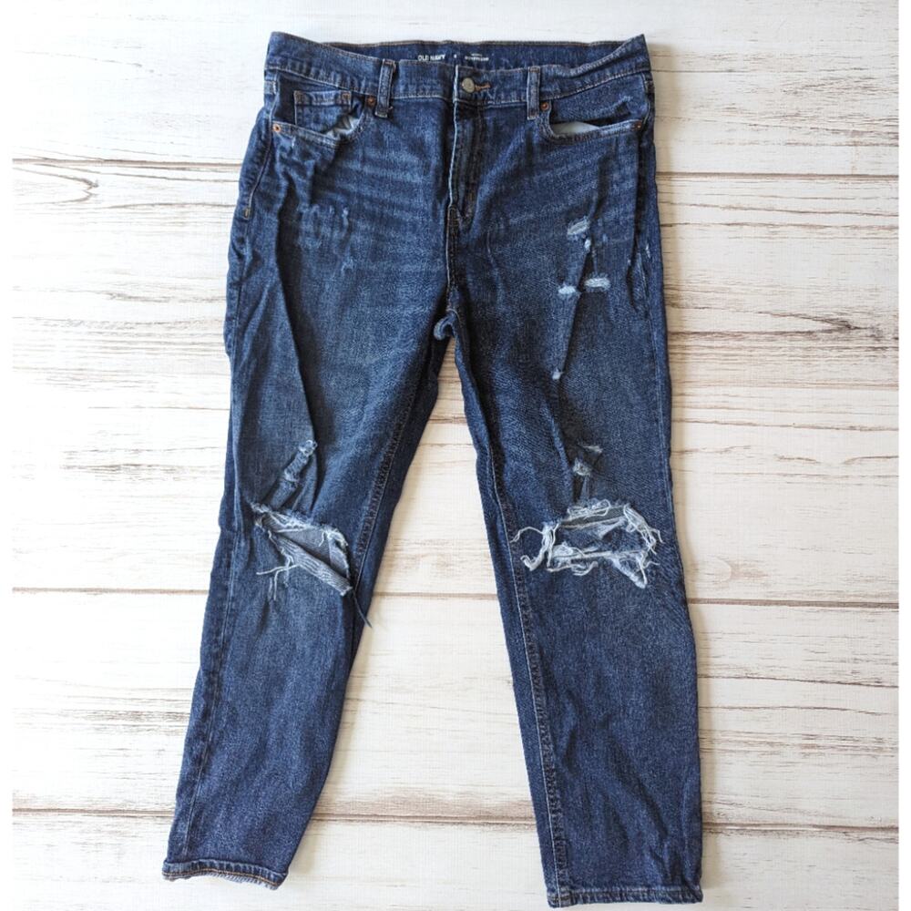 Old Navy Mid Rise Boyfriend Medium Dark Wash Distressed Jeans sz 8